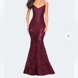 La Femme Floral Lace Gown, Burgundy, Size 10